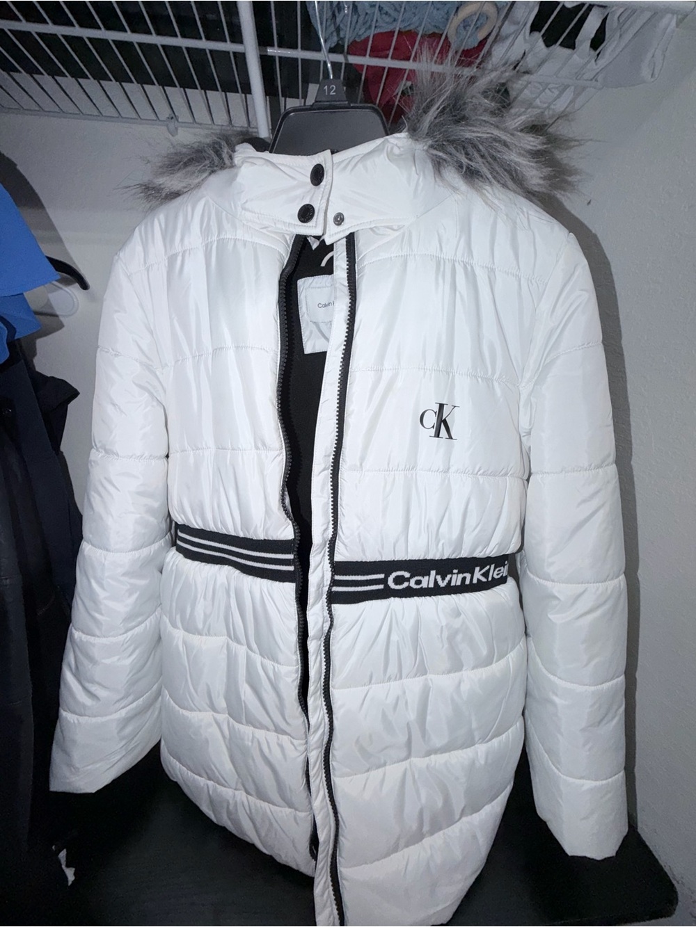 Calvin Klein Jeans White Quilted Puffer Jacket with Faux Fur Trim